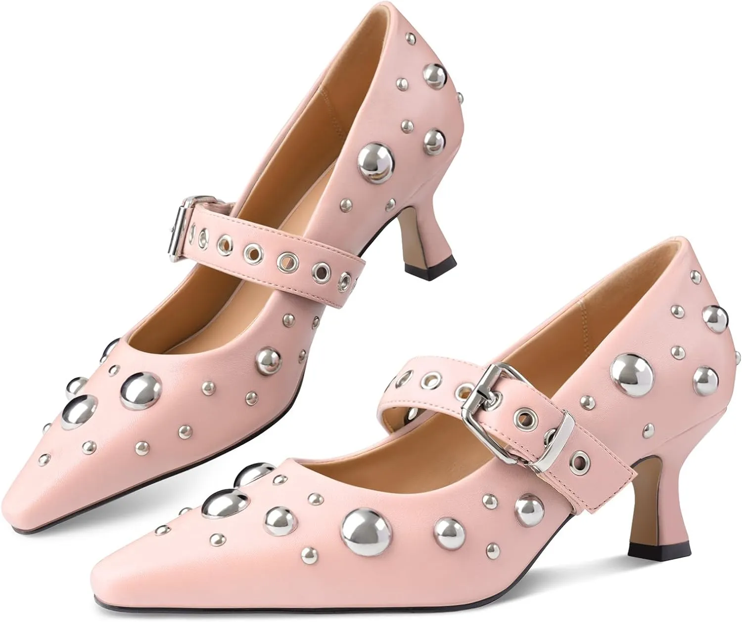 Oh Mispares Women’s Pointed Toe Pumps Mary Jane Kitten Heel Closed Toe Dress Shoes Studded Strap Buckle 2 Inches Wedding Prom Business