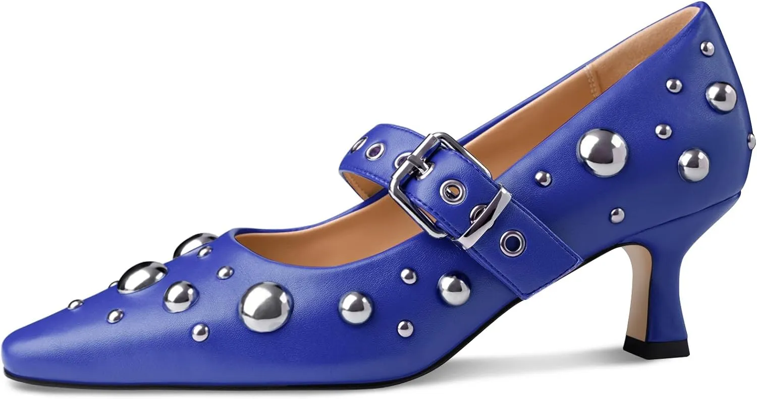 Oh Mispares Women’s Pointed Toe Pumps Mary Jane Kitten Heel Closed Toe Dress Shoes Studded Strap Buckle 2 Inches Wedding Prom Business