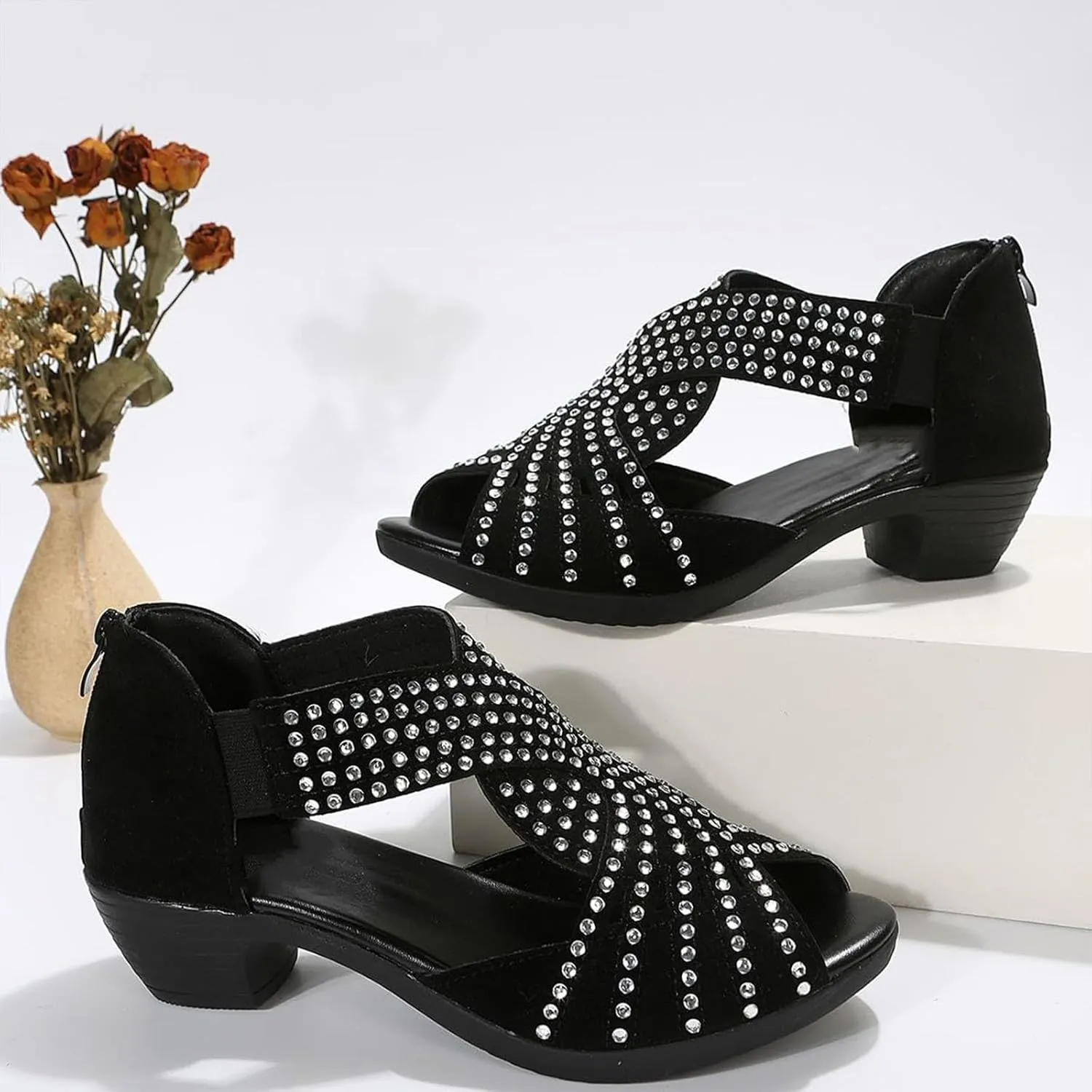 Orthopedic Low Heel Cut-Out Sandals, Glow Step Orthopedic Sandals, Sparkly Rhinestone Comfort Sports Slippers - Arch Support