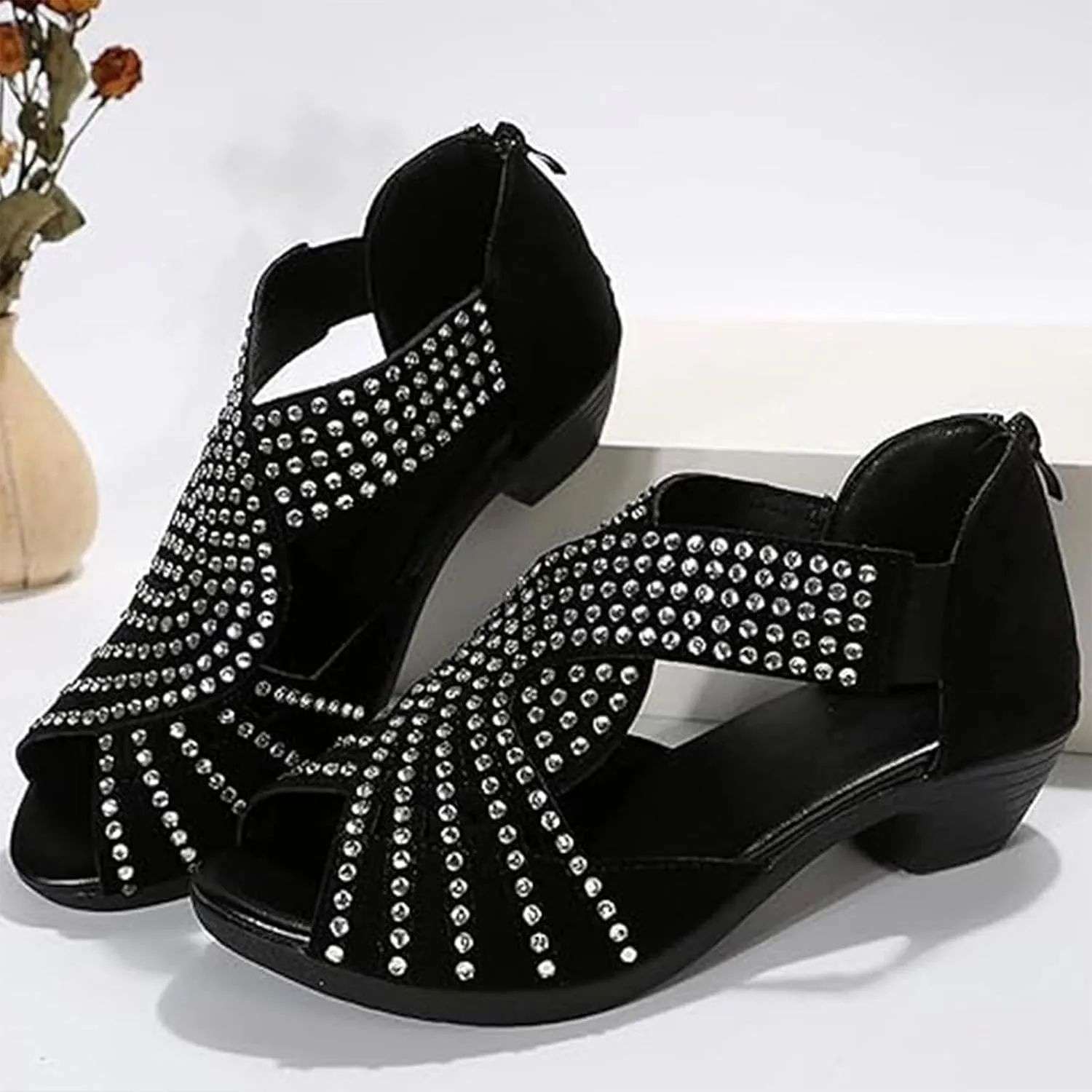 Orthopedic Low Heel Cut-Out Sandals, Glow Step Orthopedic Sandals, Sparkly Rhinestone Comfort Sports Slippers - Arch Support