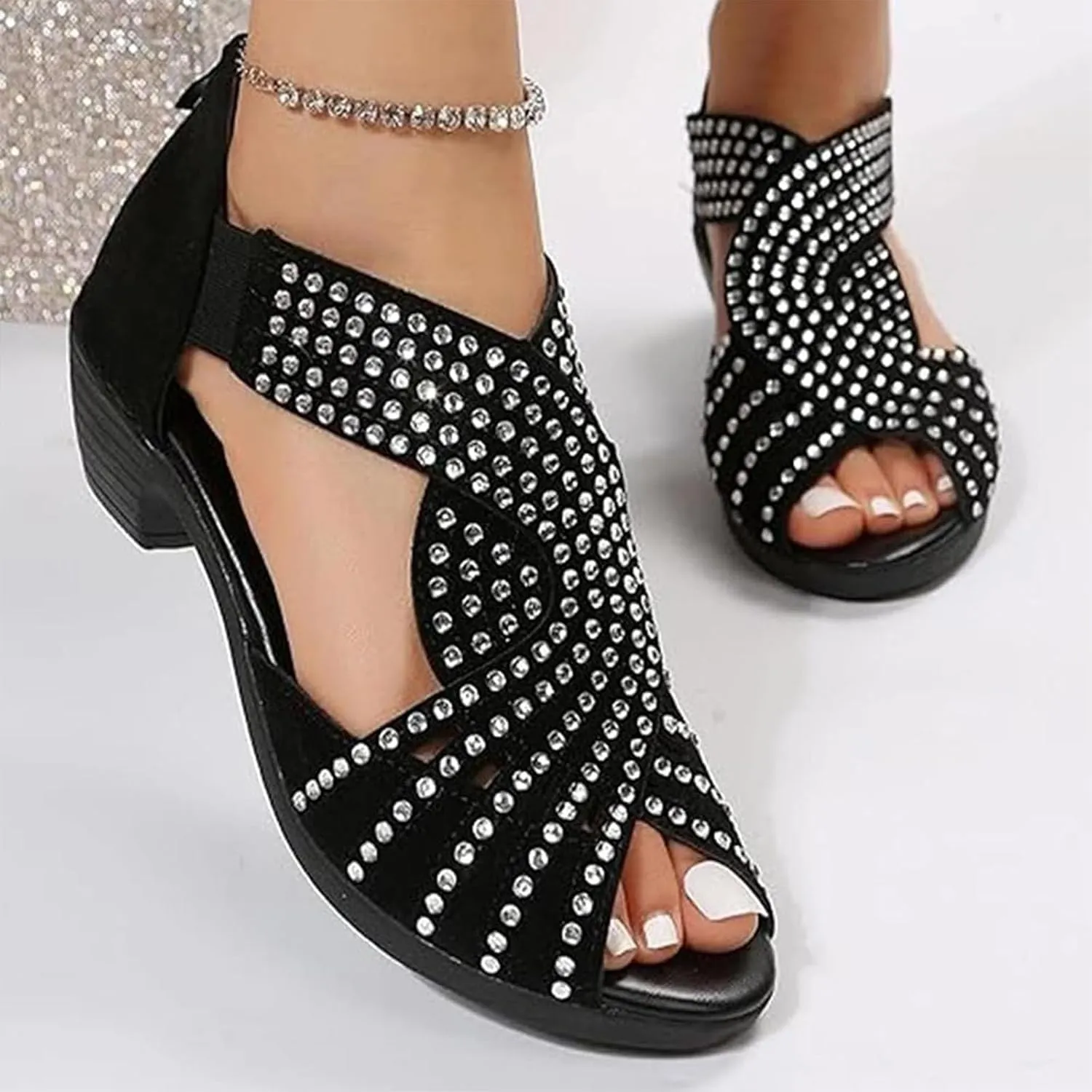 Orthopedic Low Heel Cut-Out Sandals, Glow Step Orthopedic Sandals, Sparkly Rhinestone Comfort Sports Slippers - Arch Support