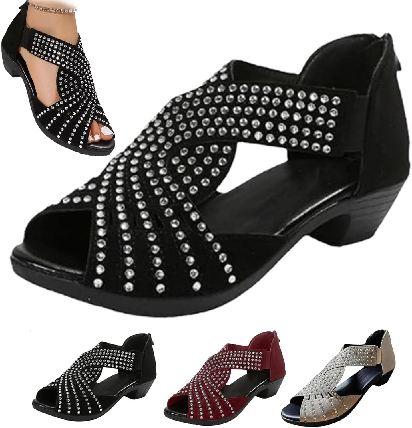 Orthopedic Low Heel Cut-Out Sandals, Glow Step Orthopedic Sandals, Sparkly Rhinestone Comfort Sports Slippers - Arch Support