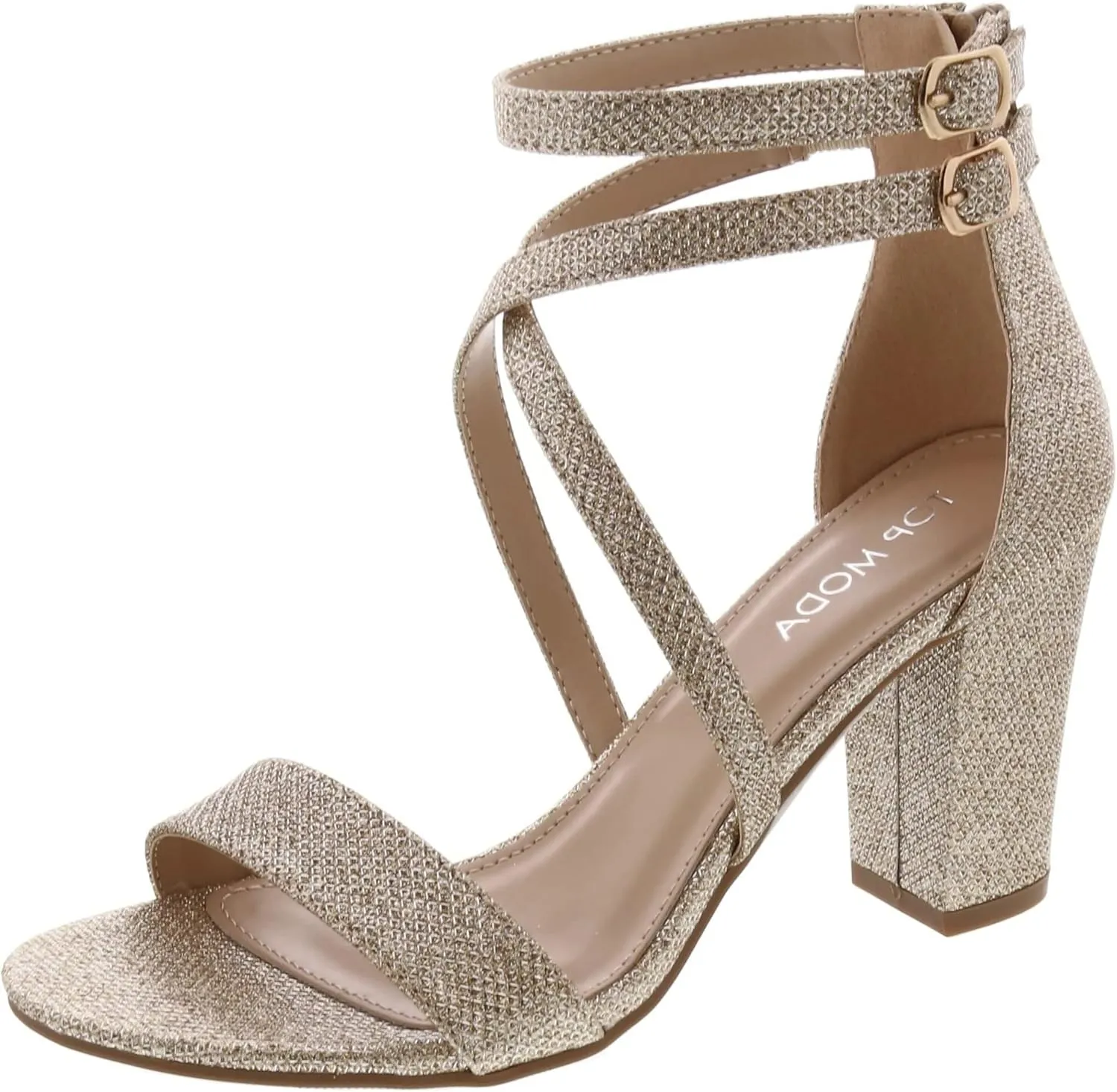 Over the Toe Strap Ankle Wrap Strap Heel Open Toe Block Heel Criss Cross Low, Champagne, 5