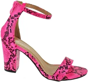 Over the Toe Strap Ankle Wrap Strap Heel Open Toe Medium Heel, Pink Snake, 7.5