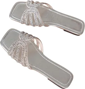 OYOANGLE Women's Metallic Rhinestone Square Toe Sandals H Band Slip On Flat Sandals Casual Outdoor Slides