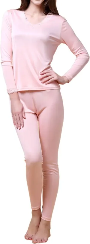Paradise Silk Pure Silk Knit Women Double Jersey Lace V Neckline Long Johns Set