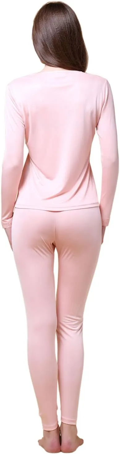 Paradise Silk Pure Silk Knit Women Double Jersey Lace V Neckline Long Johns Set