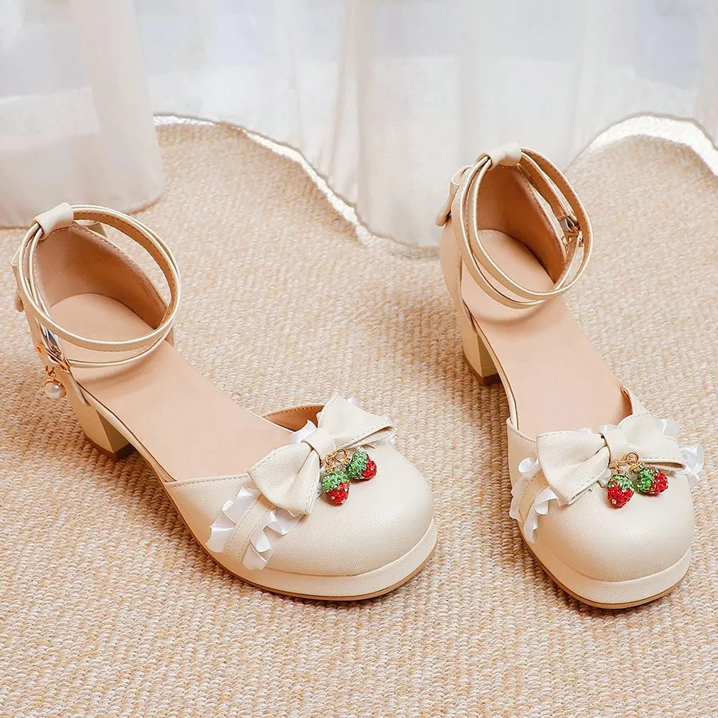 Parisuit Women's Cute Mary Janes Chunky Platform Shoes Ankle Strap Bow Pumps