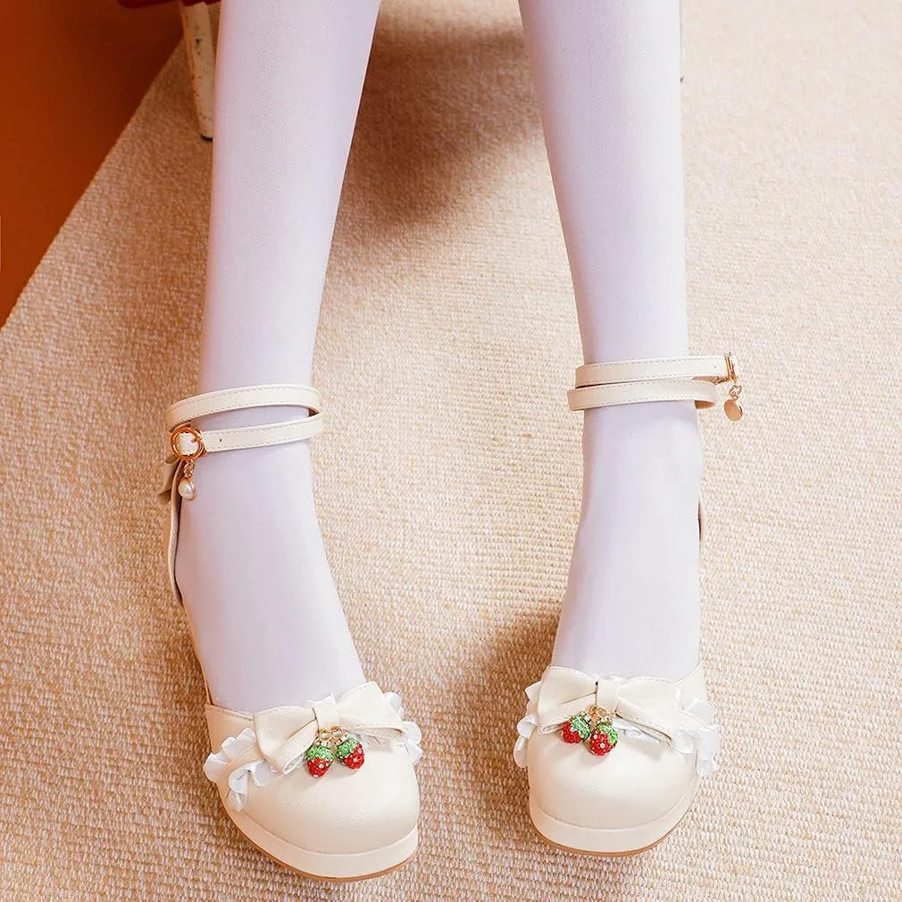 Parisuit Women's Cute Mary Janes Chunky Platform Shoes Ankle Strap Bow Pumps