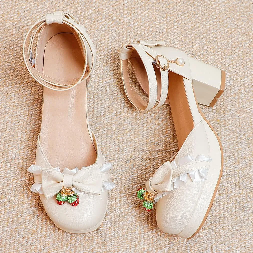 Parisuit Women's Cute Mary Janes Chunky Platform Shoes Ankle Strap Bow Pumps