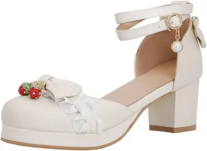 Parisuit Women's Cute Mary Janes Chunky Platform Shoes Ankle Strap Bow Pumps
