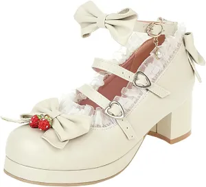 Parisuit Womens Mary Jane Chunky Heel Platform Pumps Bowtie Heart Strap Lace Kawaii Maid Shoes
