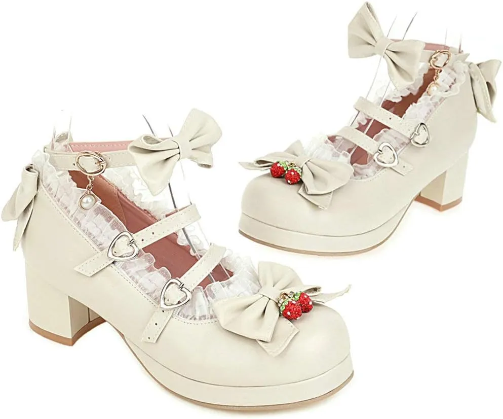 Parisuit Womens Mary Jane Chunky Heel Platform Pumps Bowtie Heart Strap Lace Kawaii Maid Shoes