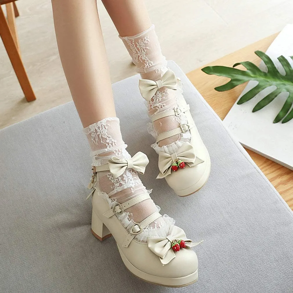 Parisuit Womens Mary Jane Chunky Heel Platform Pumps Bowtie Heart Strap Lace Kawaii Maid Shoes