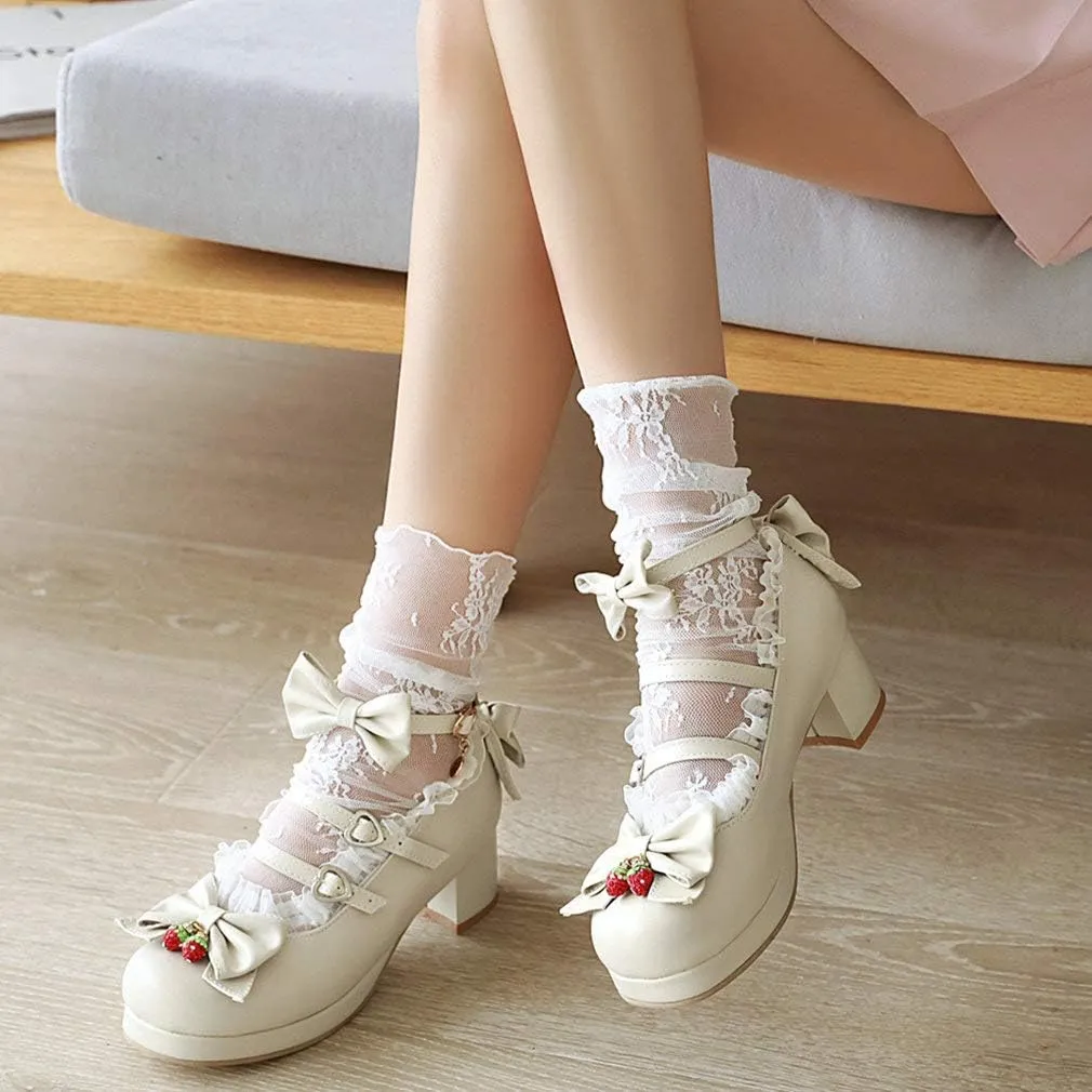 Parisuit Womens Mary Jane Chunky Heel Platform Pumps Bowtie Heart Strap Lace Kawaii Maid Shoes