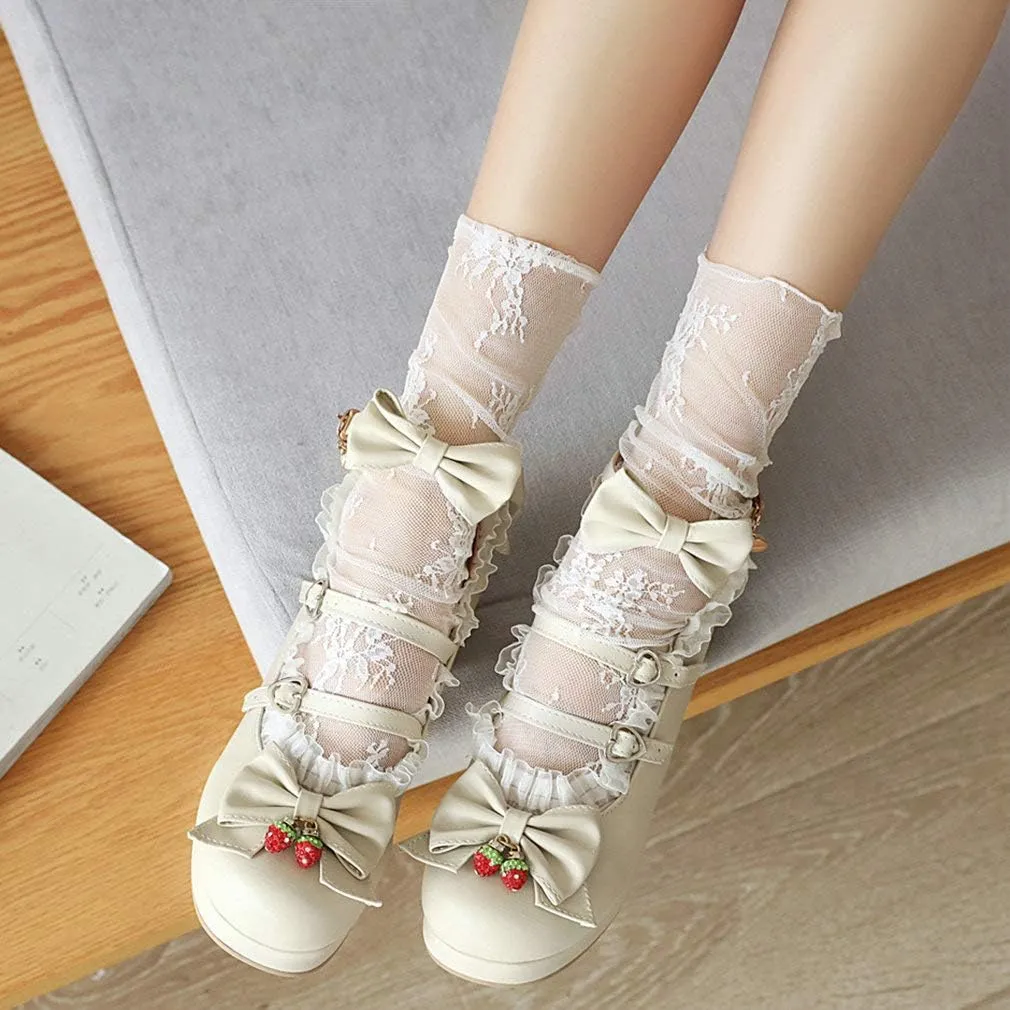 Parisuit Womens Mary Jane Chunky Heel Platform Pumps Bowtie Heart Strap Lace Kawaii Maid Shoes