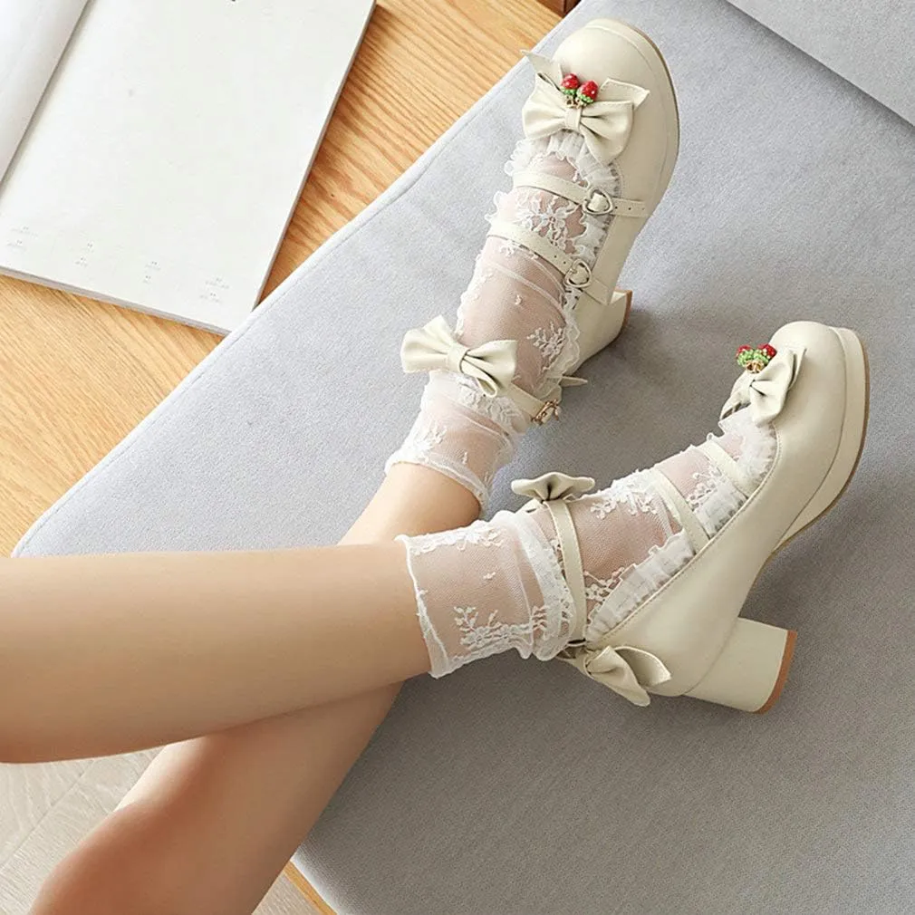 Parisuit Womens Mary Jane Chunky Heel Platform Pumps Bowtie Heart Strap Lace Kawaii Maid Shoes