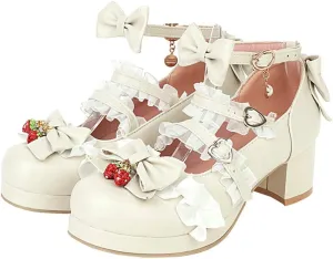 Parisuit Womens Strawberry Heels Platform Mary Jane Chunky Heel Pumps Ankle Strap Cosplay Bow Shoes