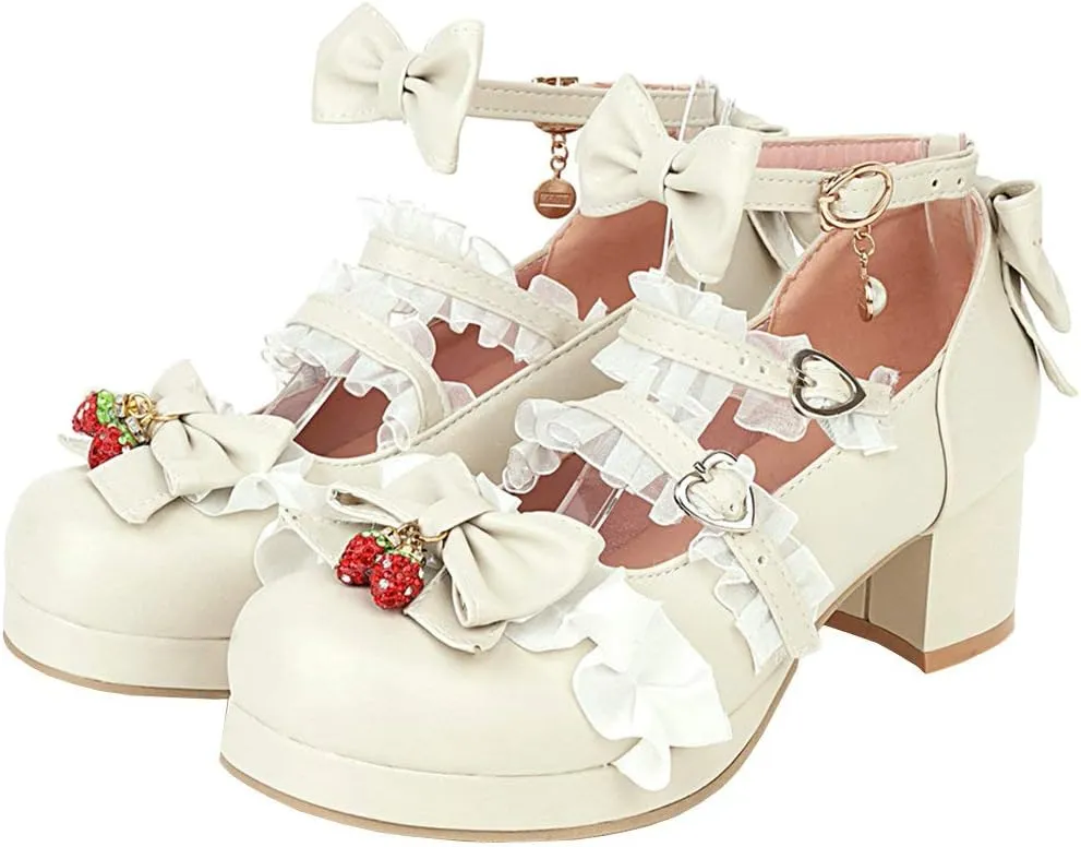 Parisuit Womens Strawberry Heels Platform Mary Jane Chunky Heel Pumps Ankle Strap Cosplay Bow Shoes
