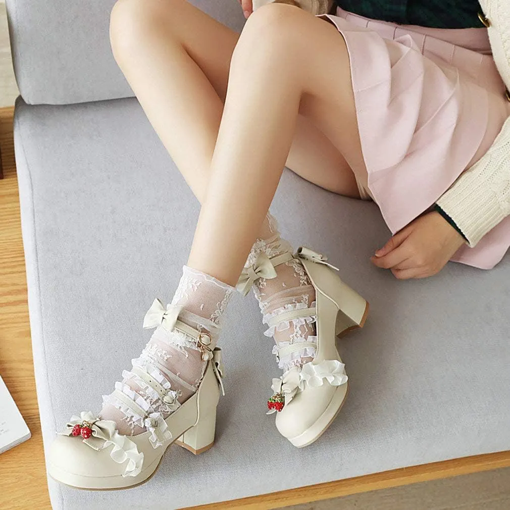 Parisuit Womens Strawberry Heels Platform Mary Jane Chunky Heel Pumps Ankle Strap Cosplay Bow Shoes