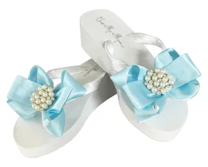 Pearl & Rhinestone Satin Bow Flip Flops, White 2 Inch Wedge with Light Blue Satin Ribbon or Choose Your Wedding or Occasion Colors and Heel Height