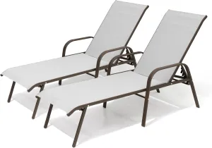 Pellebant Patio Chaise Lounge Chair, Adjustable Chair with 5 Positions and Flat Position, Folding Outdoor Recliners All Weather for Beach, Pool and Yard, 2 Pcs, Light Grey