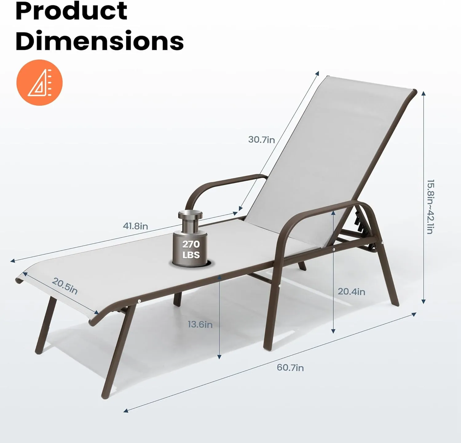 Pellebant Patio Chaise Lounge Chair, Adjustable Chair with 5 Positions and Flat Position, Folding Outdoor Recliners All Weather for Beach, Pool and Yard, 2 Pcs, Light Grey