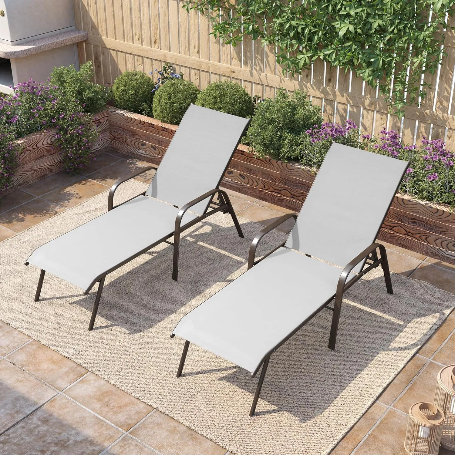 Pellebant Patio Chaise Lounge Chair, Adjustable Chair with 5 Positions and Flat Position, Folding Outdoor Recliners All Weather for Beach, Pool and Yard, 2 Pcs, Light Grey