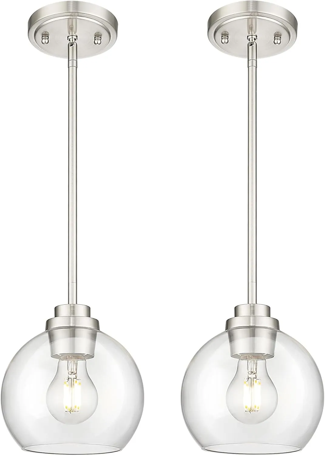 Pendant Lights Kitchen Island 2 Pack, 7" Modern Brushed Nickel Hanging Lights Fixtures with Clear Glass Globe Shade, Kitchen Island Lighting for Bathroom, AD-22280-1P2-SN-C