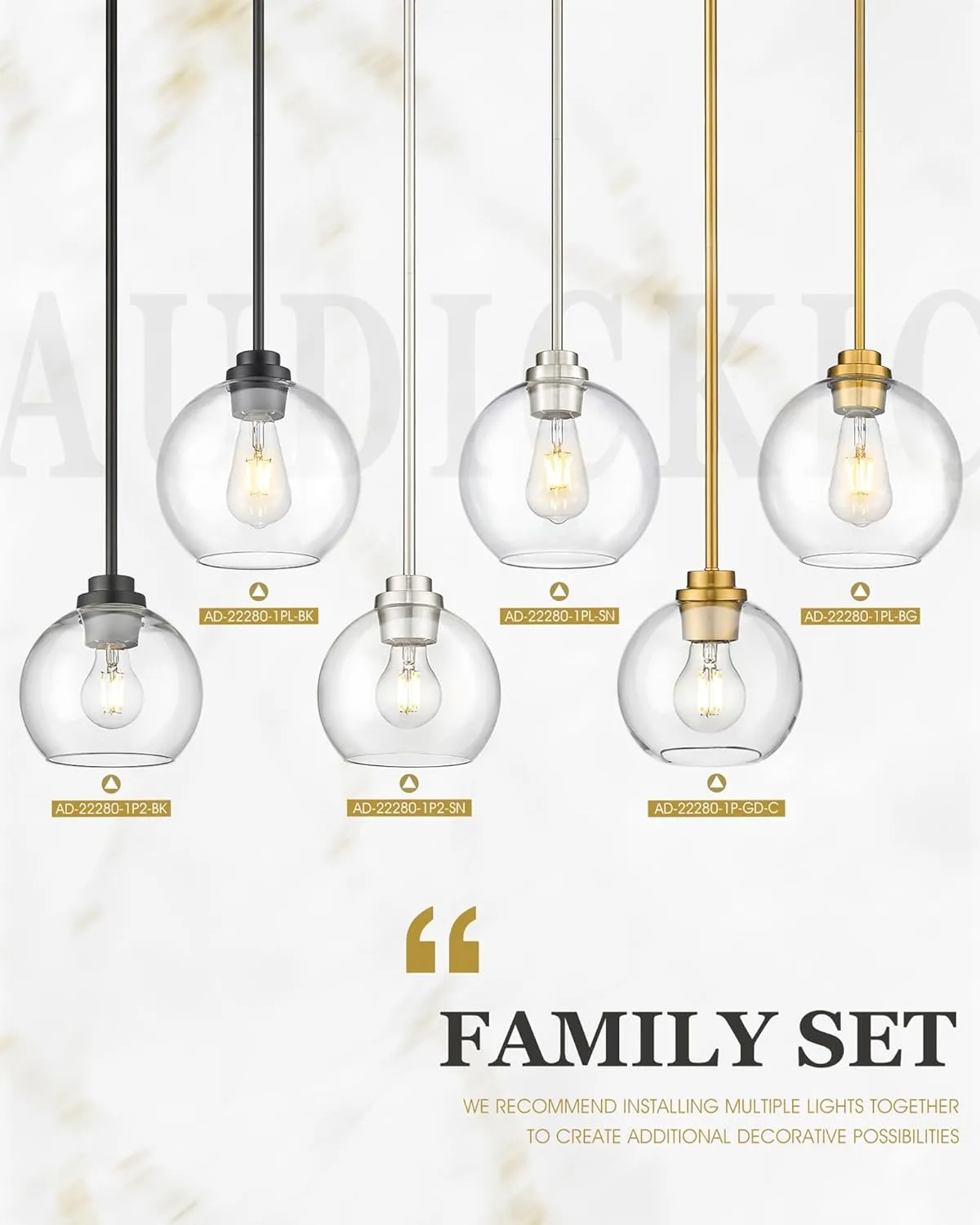 Pendant Lights Kitchen Island 2 Pack, 7" Modern Brushed Nickel Hanging Lights Fixtures with Clear Glass Globe Shade, Kitchen Island Lighting for Bathroom, AD-22280-1P2-SN-C