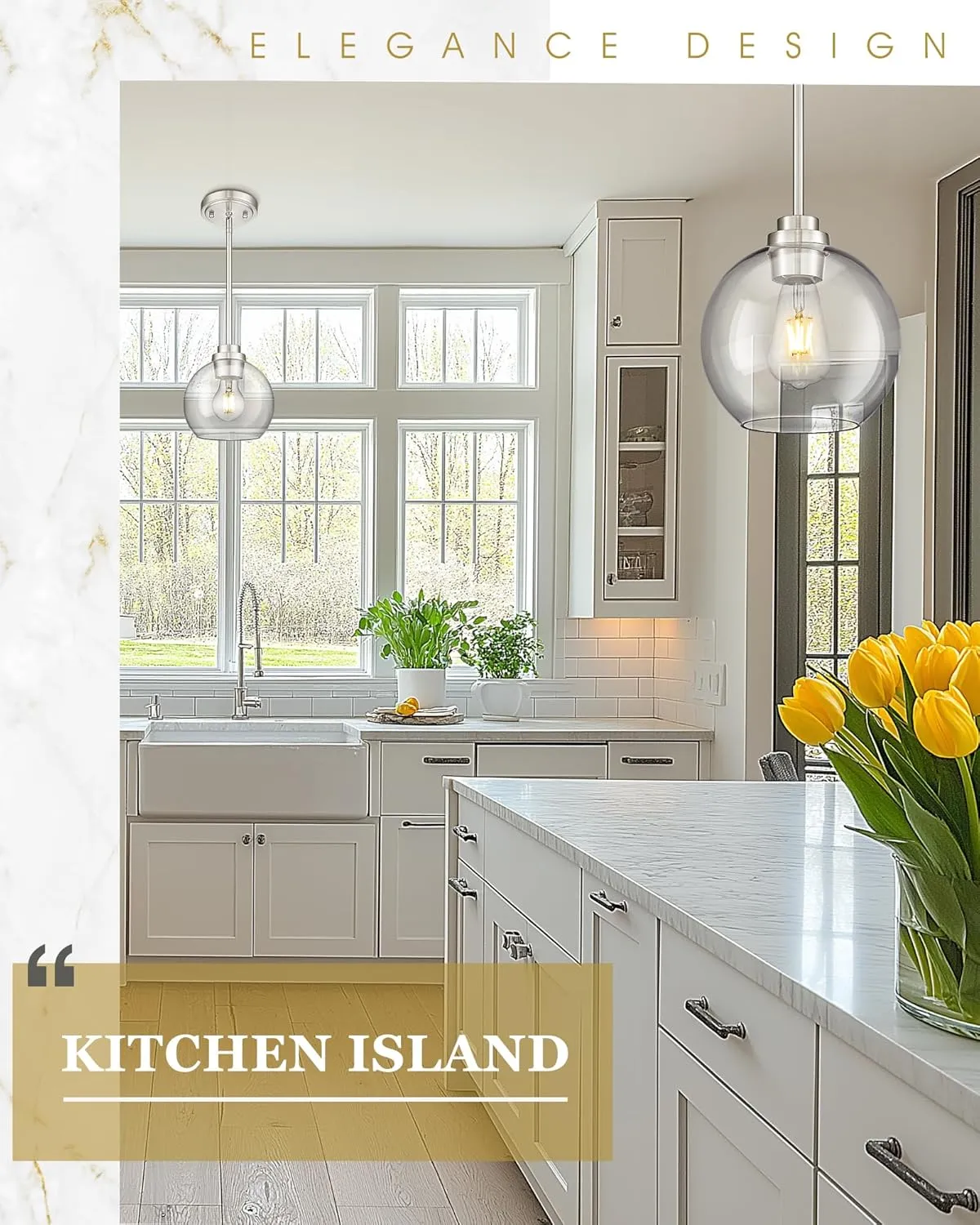 Pendant Lights Kitchen Island 2 Pack, 7" Modern Brushed Nickel Hanging Lights Fixtures with Clear Glass Globe Shade, Kitchen Island Lighting for Bathroom, AD-22280-1P2-SN-C