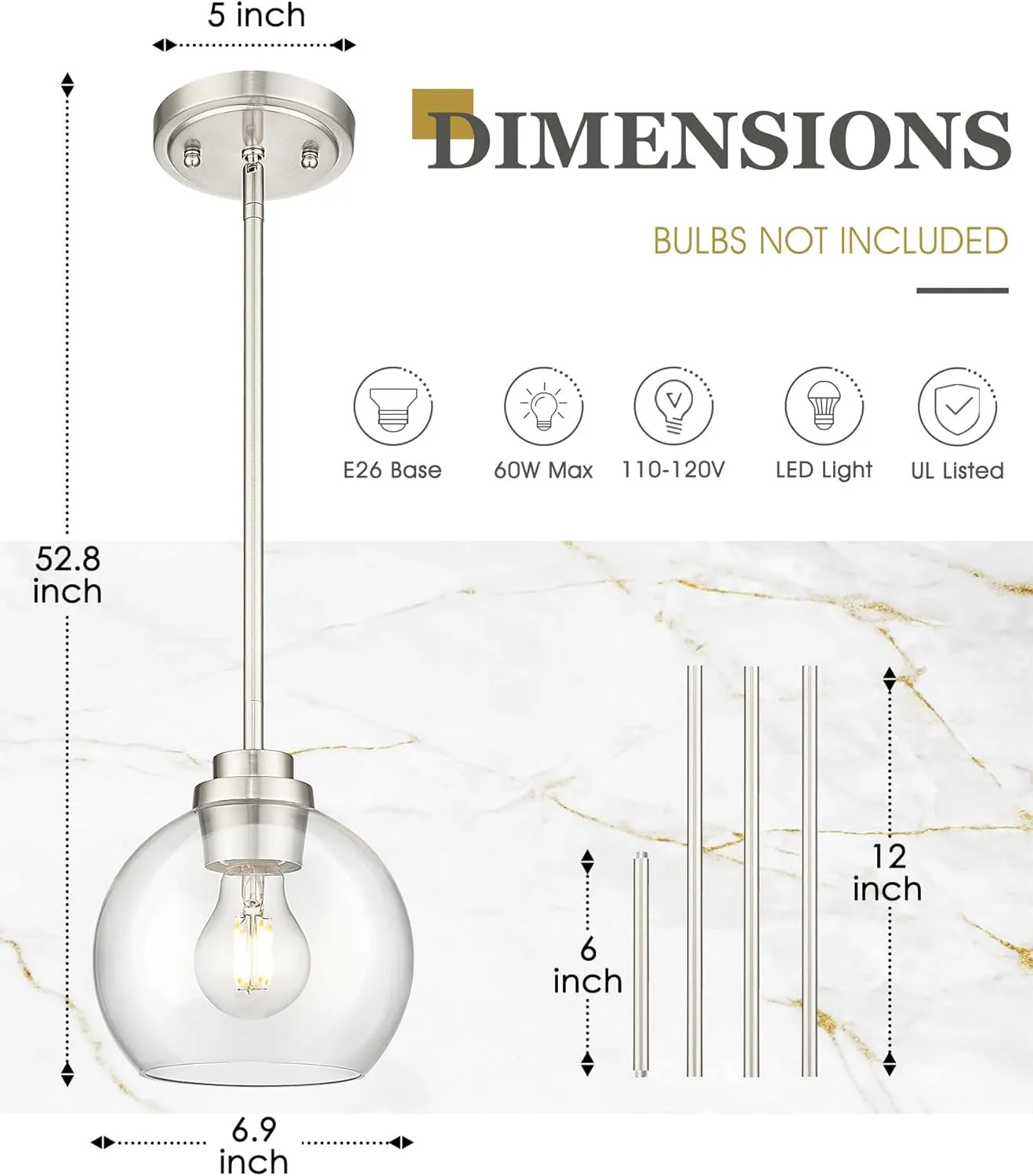 Pendant Lights Kitchen Island 2 Pack, 7" Modern Brushed Nickel Hanging Lights Fixtures with Clear Glass Globe Shade, Kitchen Island Lighting for Bathroom, AD-22280-1P2-SN-C