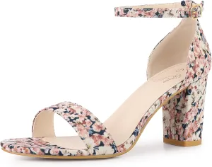 Perphy Floral Printed Open Toe Ankle Strap Chunky Heel Sandals for Women