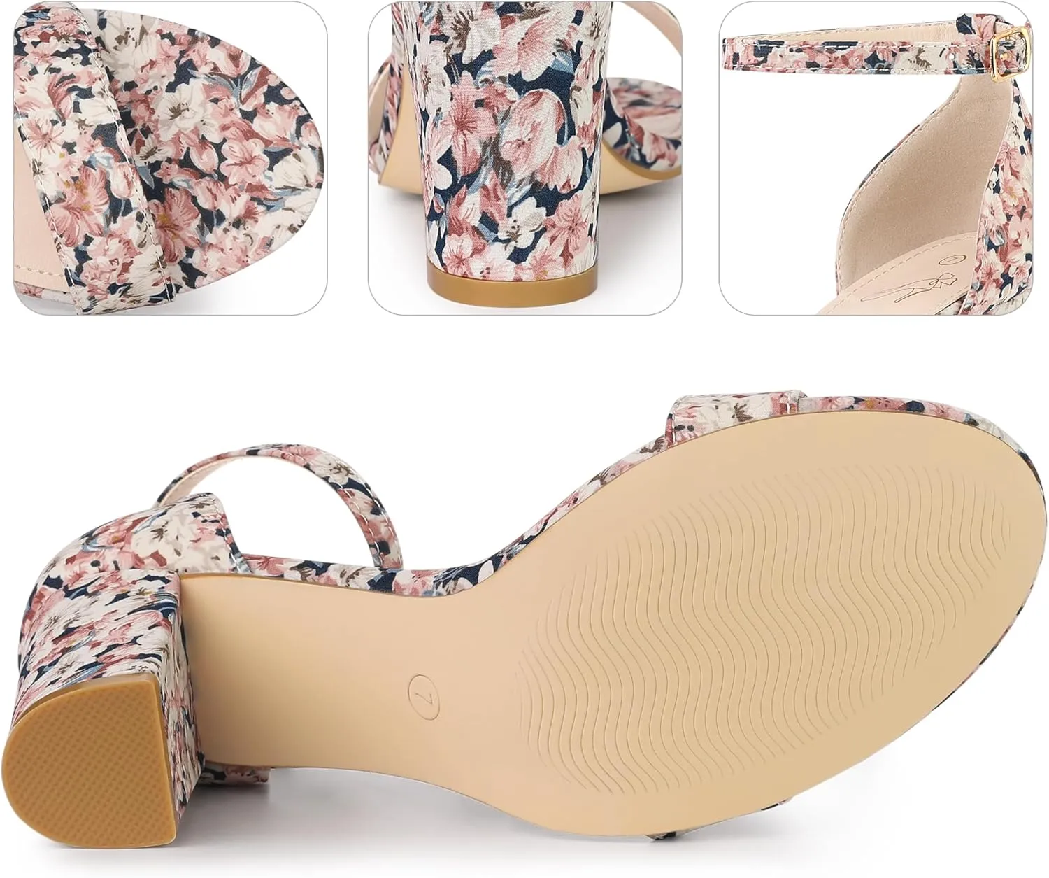 Perphy Floral Printed Open Toe Ankle Strap Chunky Heel Sandals for Women