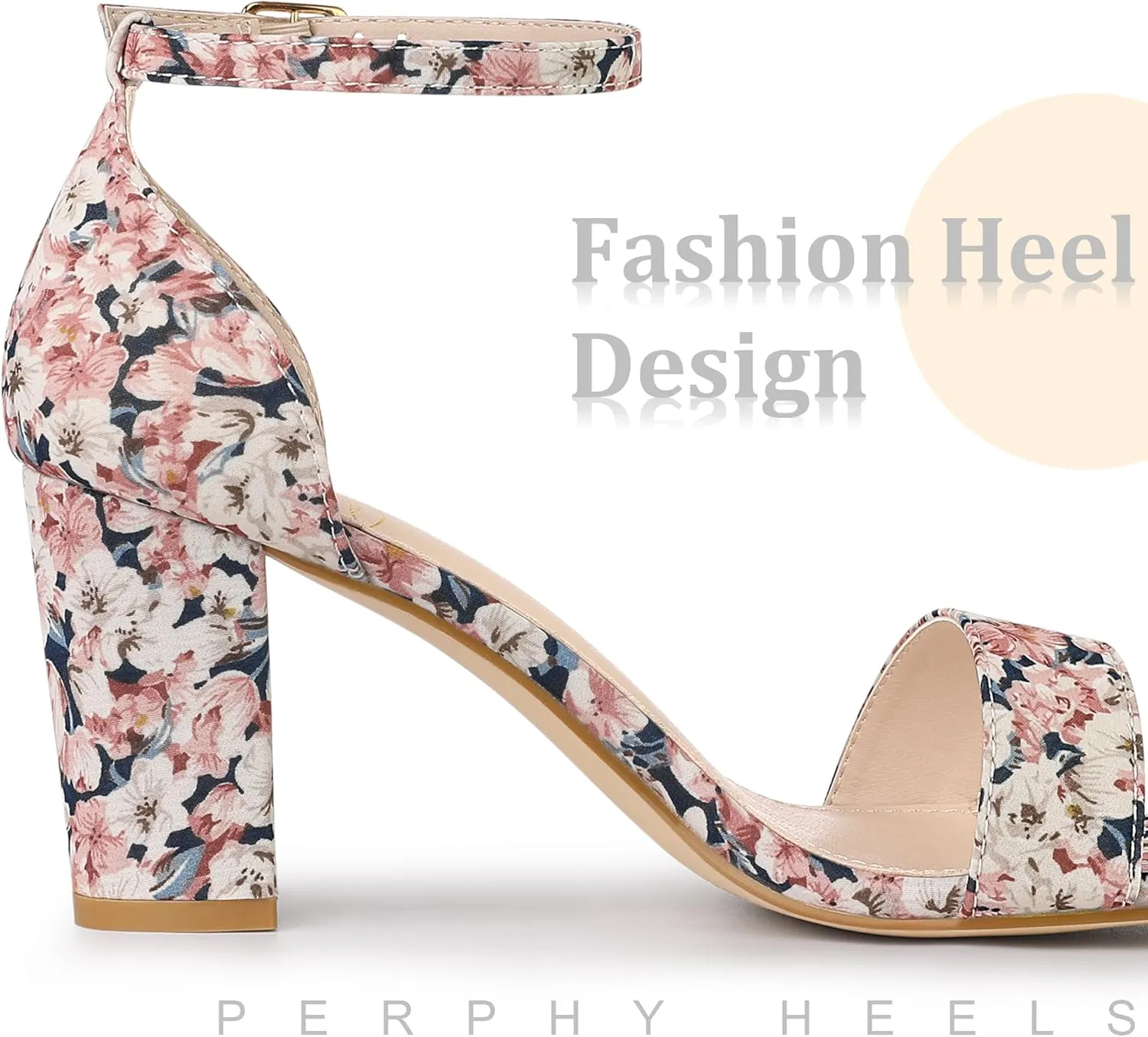 Perphy Floral Printed Open Toe Ankle Strap Chunky Heel Sandals for Women