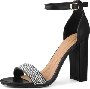 Perphy Open Toe Rhinestone Ankle Strap Chunky Heel Sandals for Women