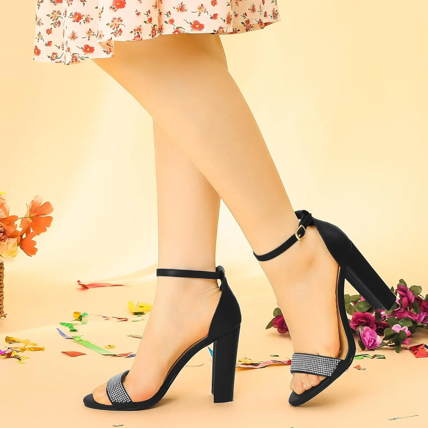 Perphy Open Toe Rhinestone Ankle Strap Chunky Heel Sandals for Women