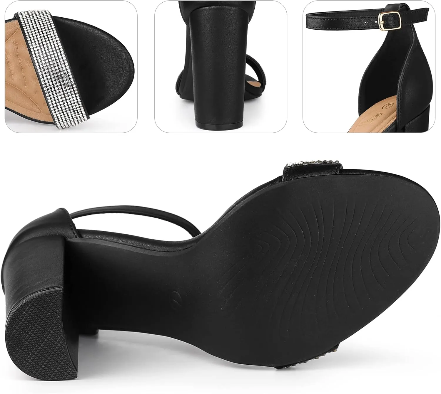 Perphy Open Toe Rhinestone Ankle Strap Chunky Heel Sandals for Women