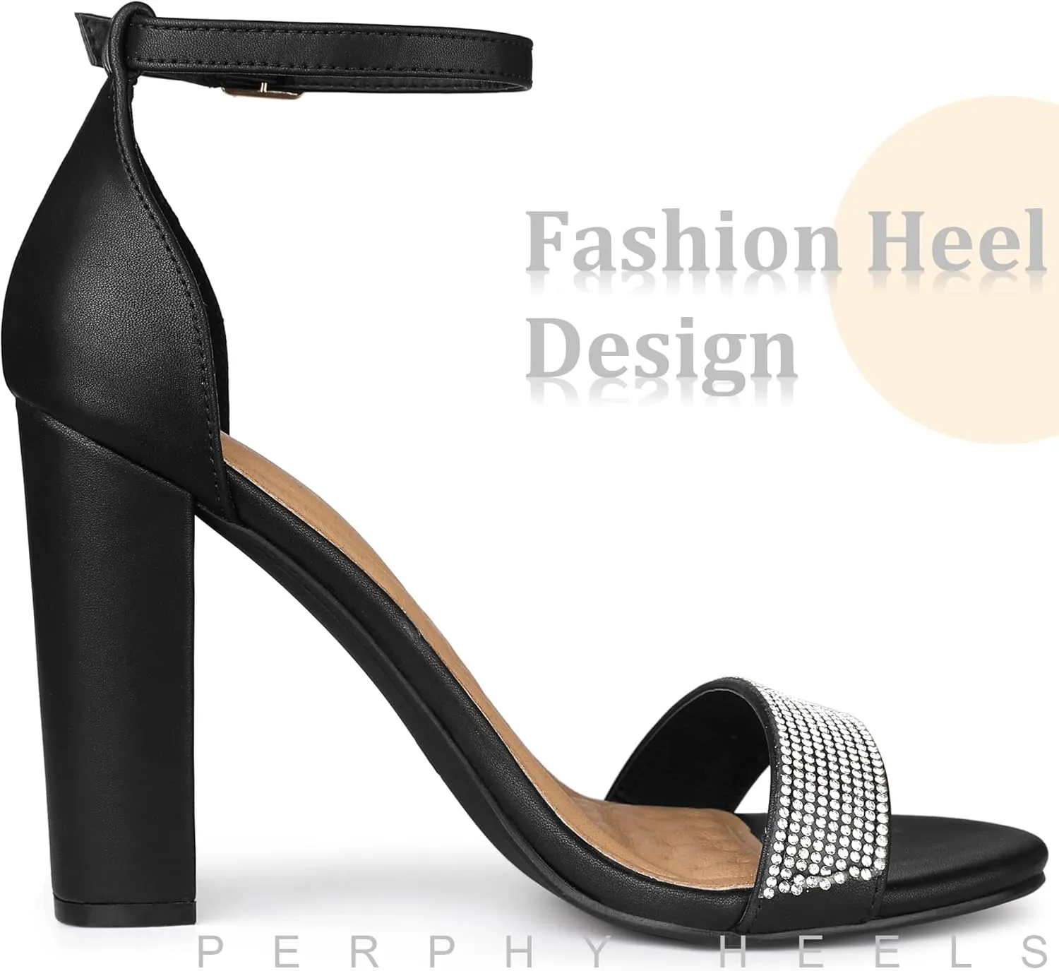 Perphy Open Toe Rhinestone Ankle Strap Chunky Heel Sandals for Women