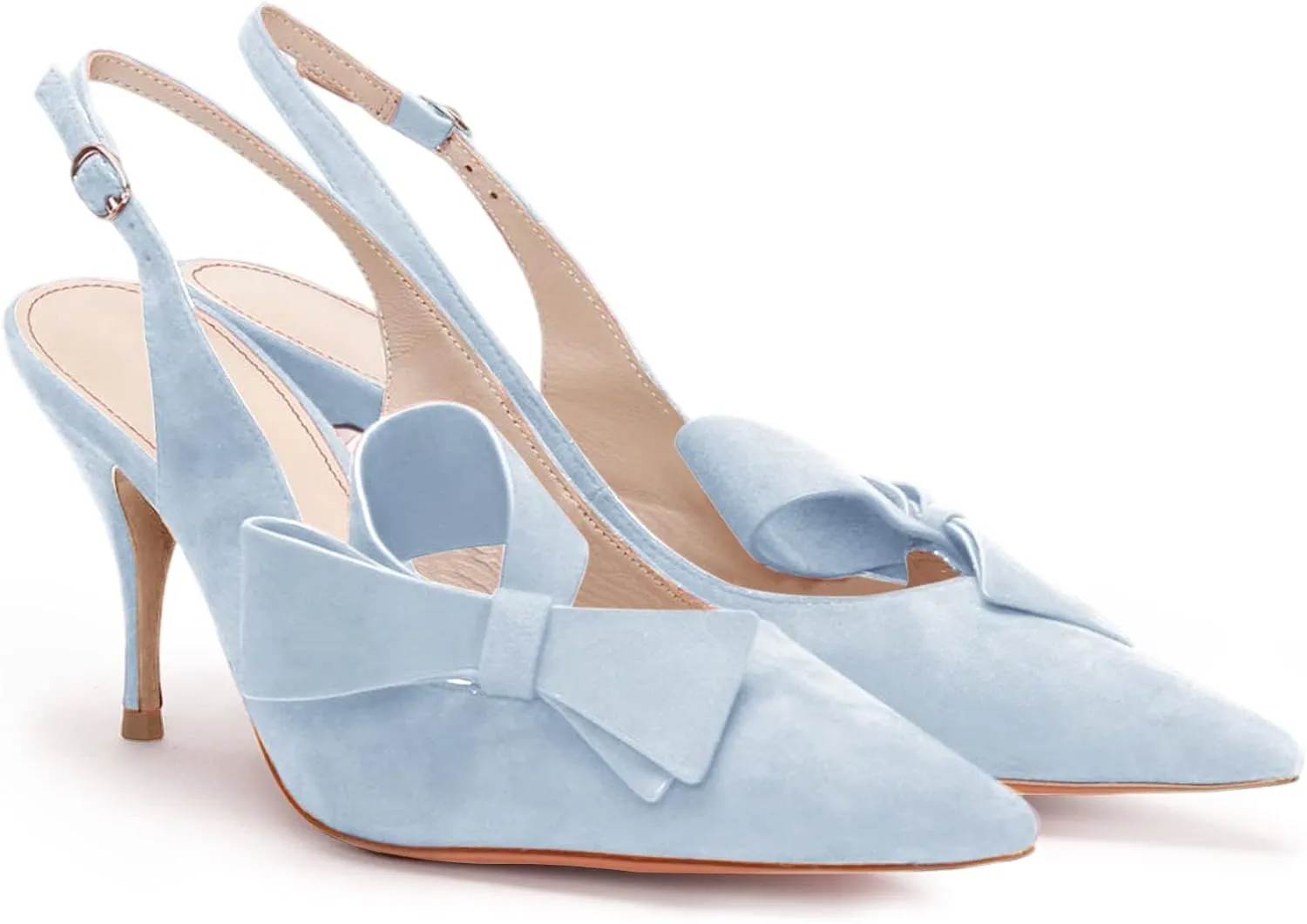 PiePieBuy Womens Pointed Toe Slingback Pumps Mid Heel Bow Stilettos Sandals Faux Suede Wedding Party Dress Shoes