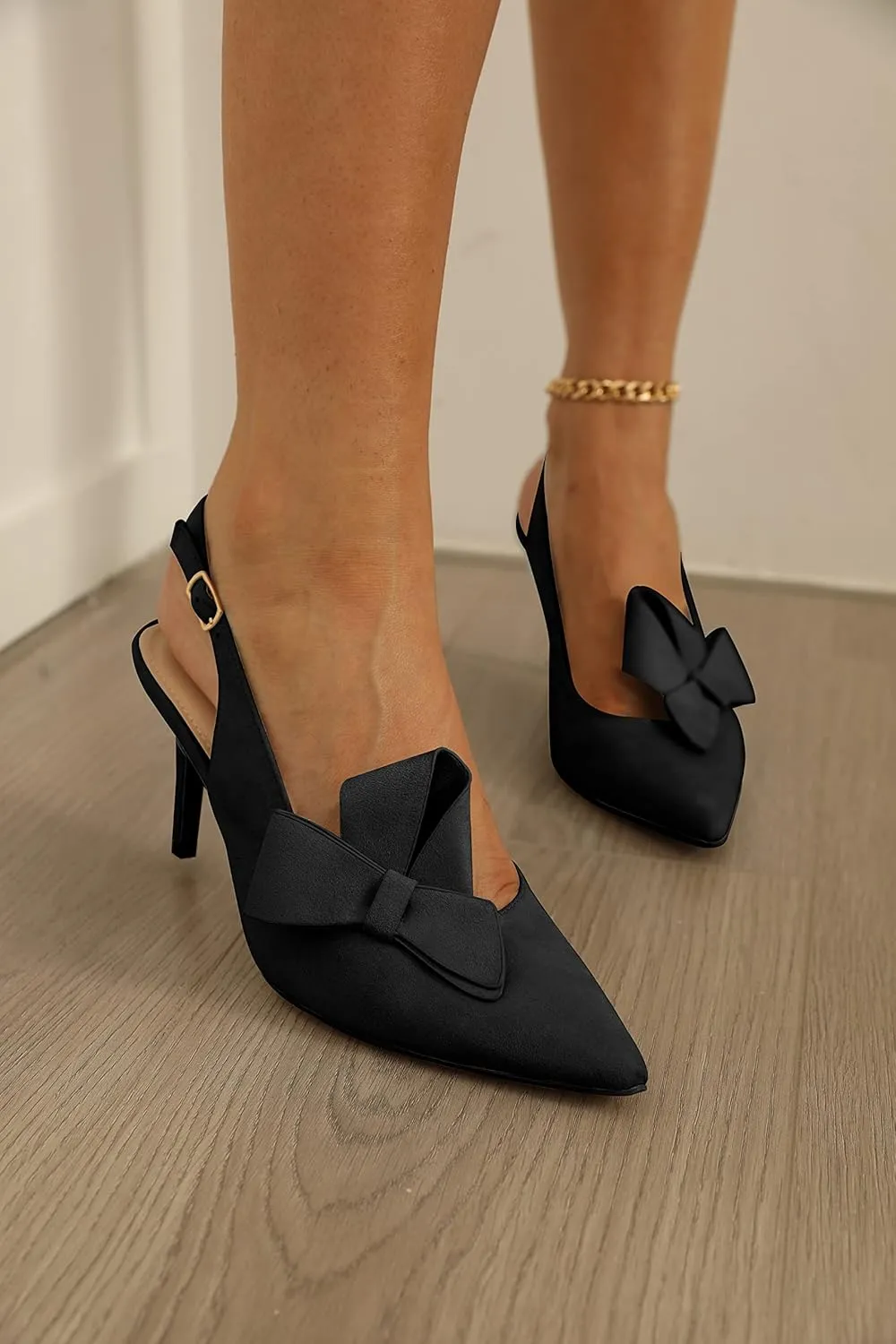 PiePieBuy Womens Pointed Toe Slingback Pumps Mid Heel Bow Stilettos Sandals Faux Suede Wedding Party Dress Shoes
