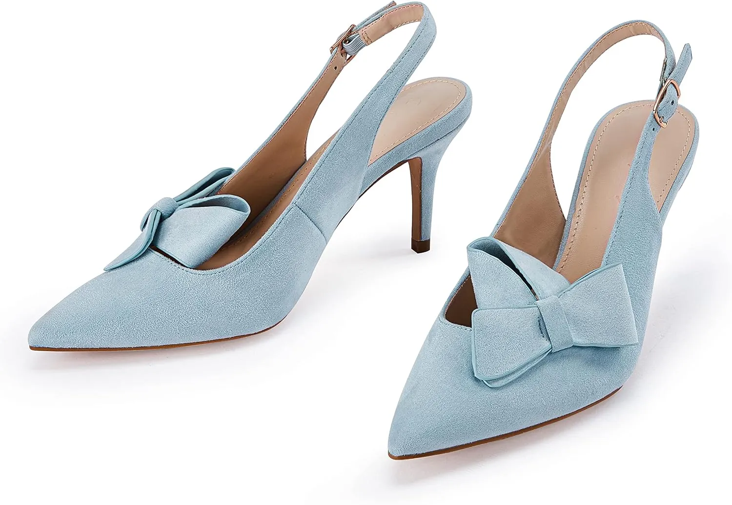 PiePieBuy Womens Pointed Toe Slingback Pumps Mid Heel Bow Stilettos Sandals Faux Suede Wedding Party Dress Shoes
