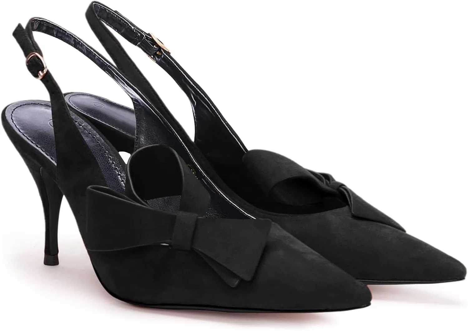 PiePieBuy Womens Pointed Toe Slingback Pumps Mid Heel Bow Stilettos Sandals Faux Suede Wedding Party Dress Shoes