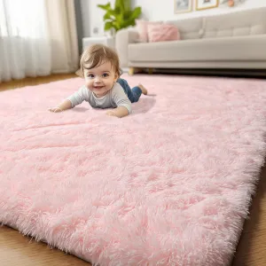 Pink Washable Area Rugs 3x5 for Bedroom Girls, Fluffy Plush Bedside Rug for Preppy Dorm, Kids Room Decor Aesthetic, Cute Indoor Floor Carpet, Fuzzy Shaggy Throw Rug for Living Room, Baby Nursery