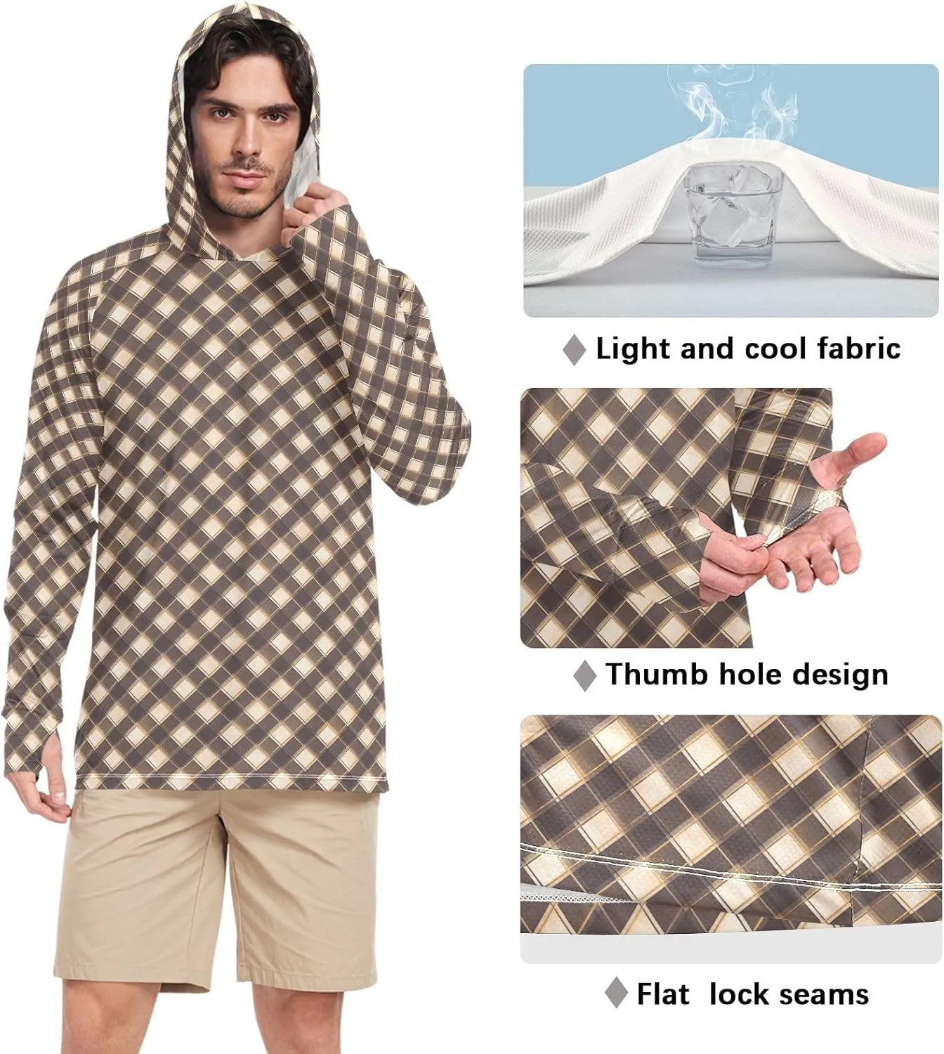 Plaid in Bronze Men Sun Protection Hoodies Long Sleeve Mens Sun Shirt UPF 50  Sunproof Shirts UV Rash Guard with Hood