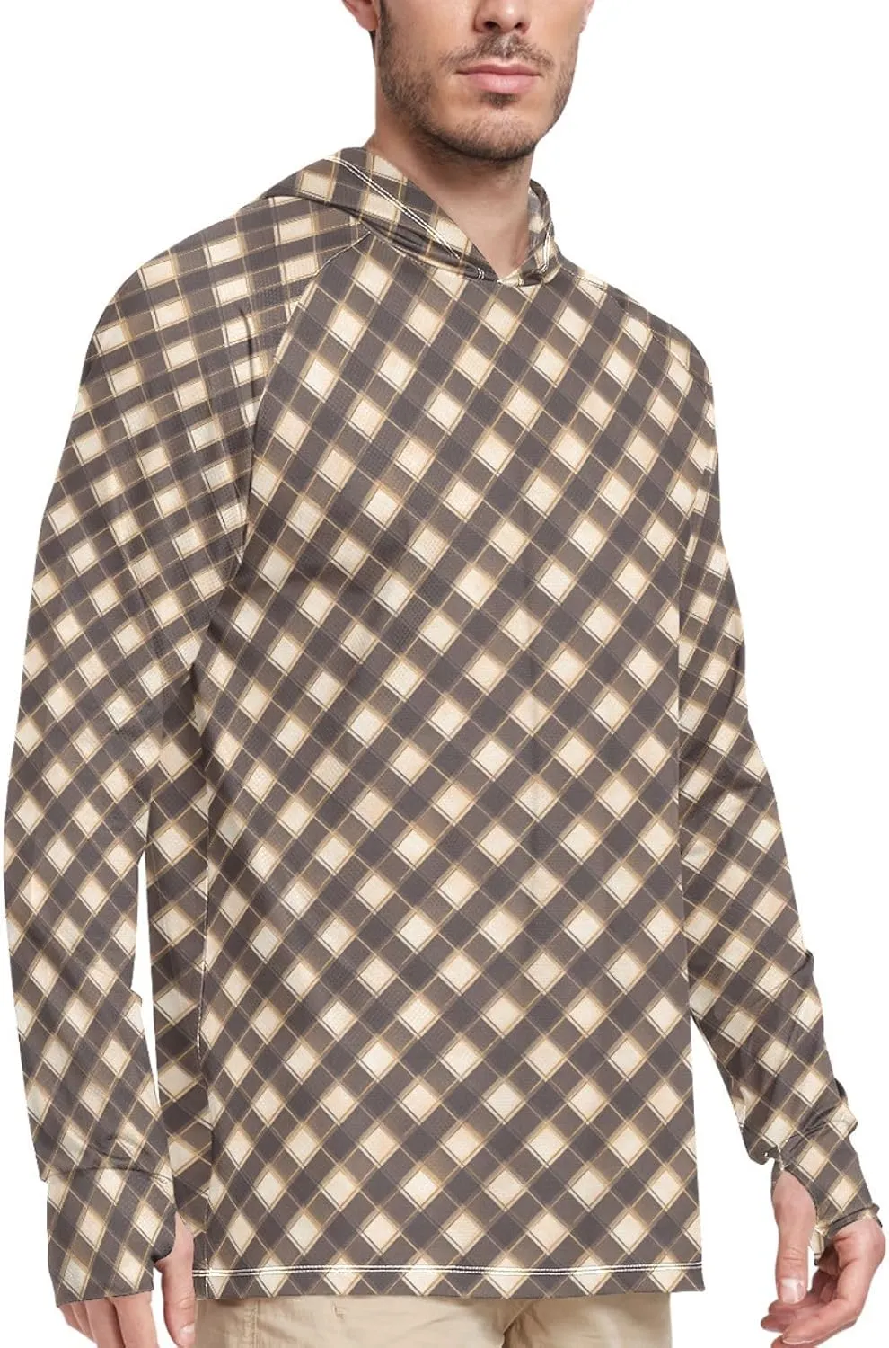 Plaid in Bronze Men Sun Protection Hoodies Long Sleeve Mens Sun Shirt UPF 50  Sunproof Shirts UV Rash Guard with Hood
