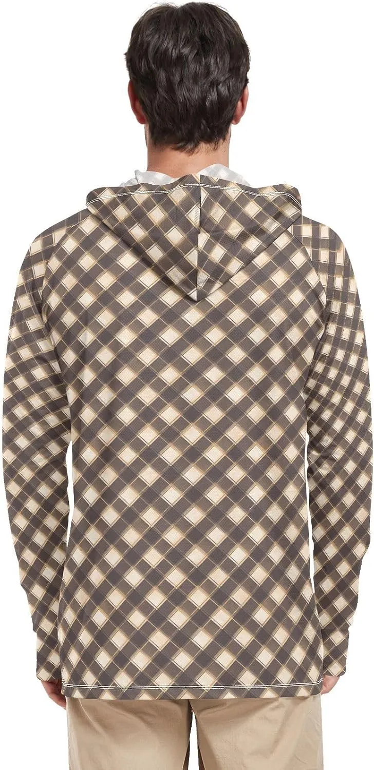 Plaid in Bronze Men Sun Protection Hoodies Long Sleeve Mens Sun Shirt UPF 50  Sunproof Shirts UV Rash Guard with Hood