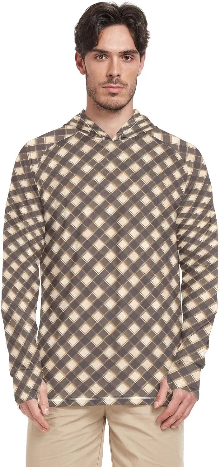 Plaid in Bronze Men Sun Protection Hoodies Long Sleeve Mens Sun Shirt UPF 50  Sunproof Shirts UV Rash Guard with Hood