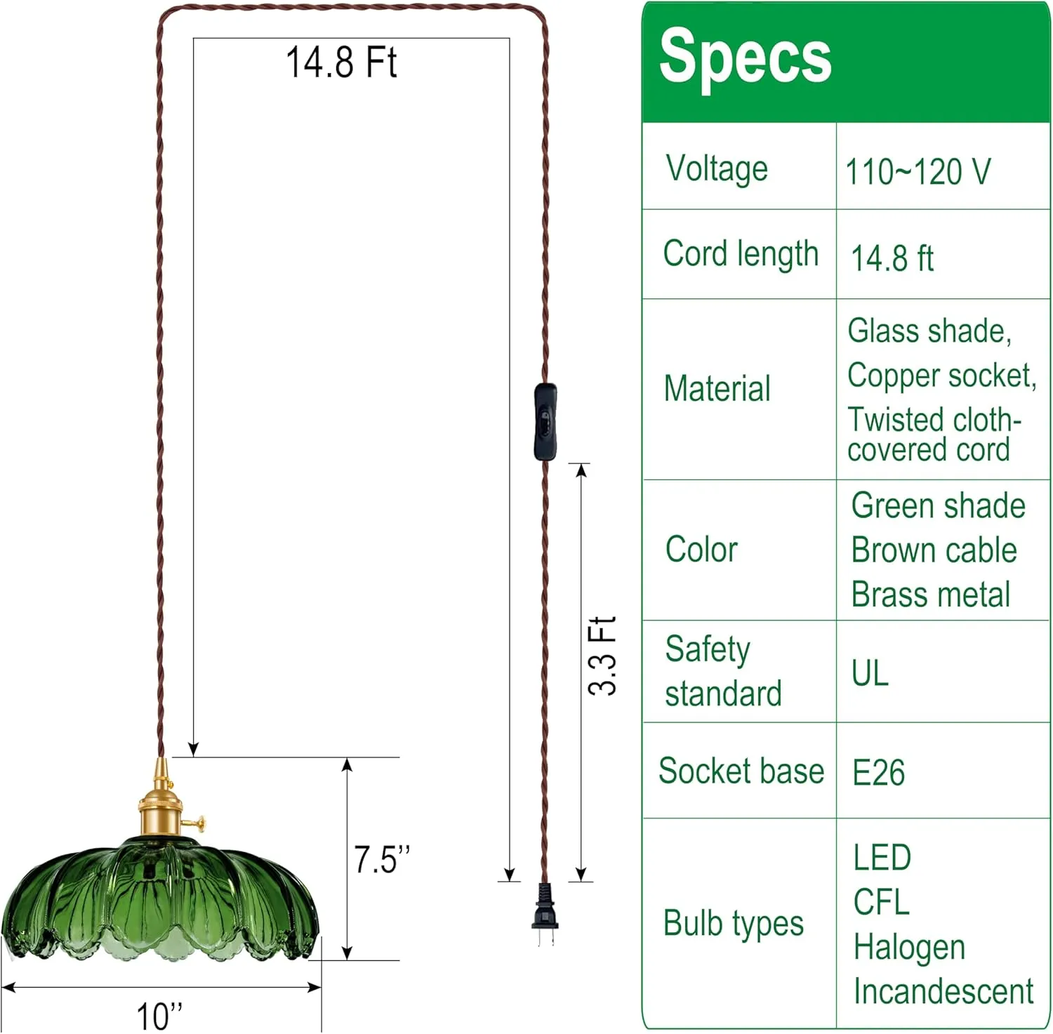 Plug-in Pendant Light Fixture, Hanging Light Fixture, Glass Pendant Light, Swag Lamp with Inline On/Off Switch for Kitchen Island, Bedroom, Dining Room, Living Room (Green Lotus, Plug-in)