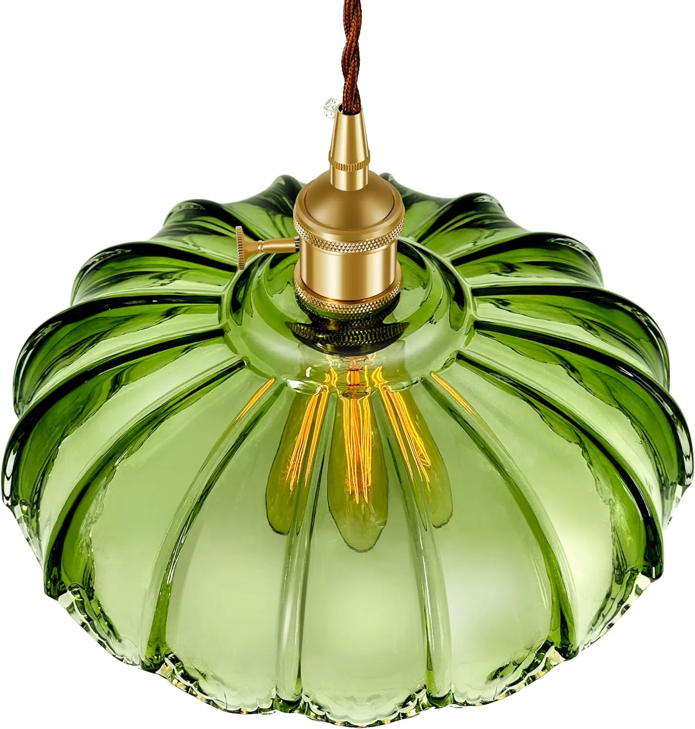 Plug-in Pendant Light Fixture, Hanging Light Fixture, Glass Pendant Light, Swag Lamp with Inline On/Off Switch for Kitchen Island, Bedroom, Dining Room, Living Room (Green Lotus, Plug-in)